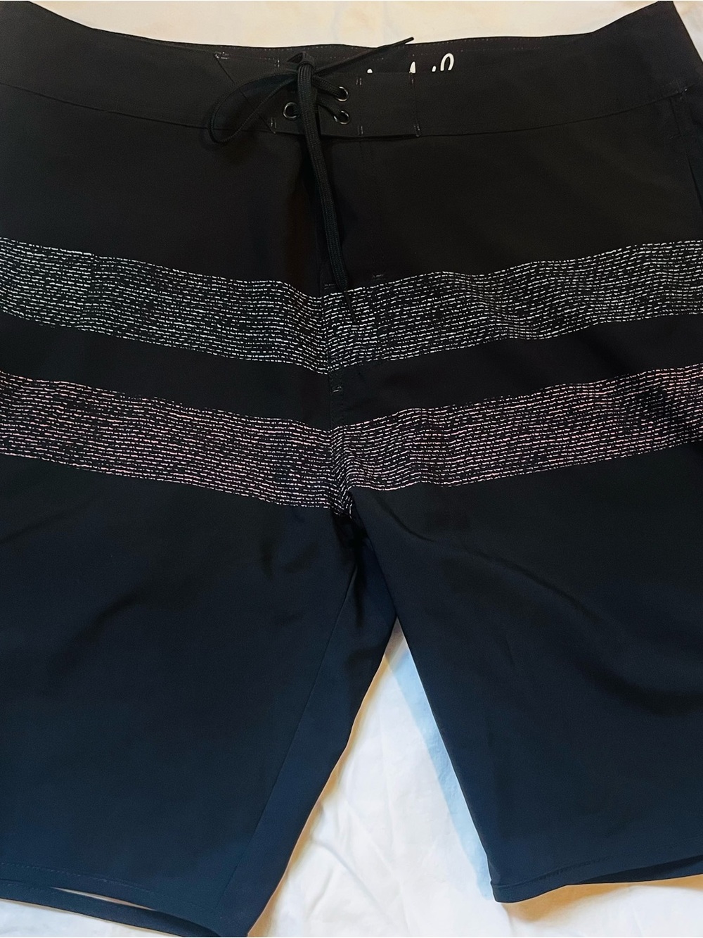 Travis Mathew Men's Black Swim Trunks with Gray Stripes